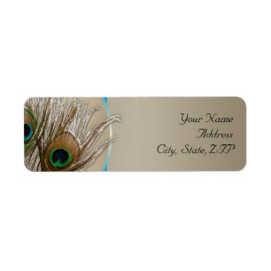 Modern Taupe Aqua Peacock Feather Return Address