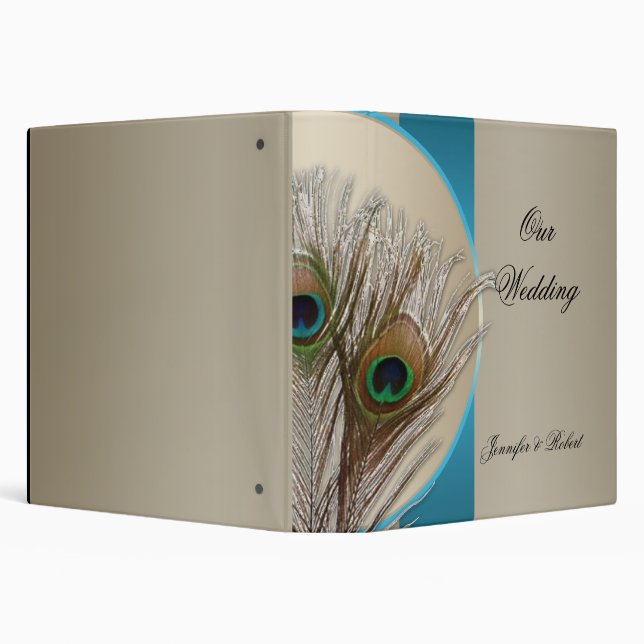 Modern Taupe Aqua Peacock Feather Wedding Album Binder (Background)