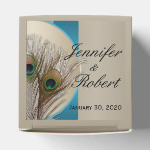 Modern Taupe Aqua Peacock Feather Wedding Favour B Favor Box