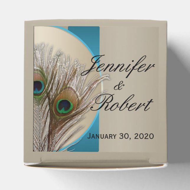 Modern Taupe Aqua Peacock Feather Wedding Favour B Favor Box (Top)