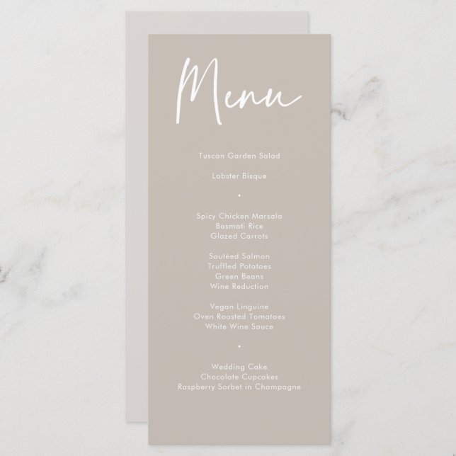 Modern Taupe Beige Calligraphy Wedding Dinner Menu (Front/Back)