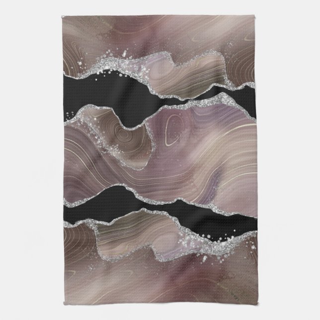 Modern Taupe & Black Agate Silver Earth Tone Kitchen Towel (Vertical)