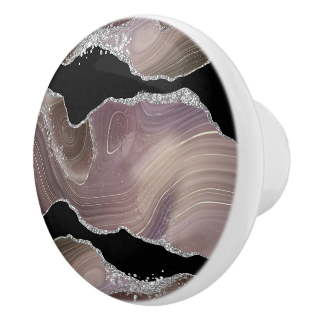 Modern Taupe & Black Agate Silver Glitter Geode Ceramic Knob (Right)