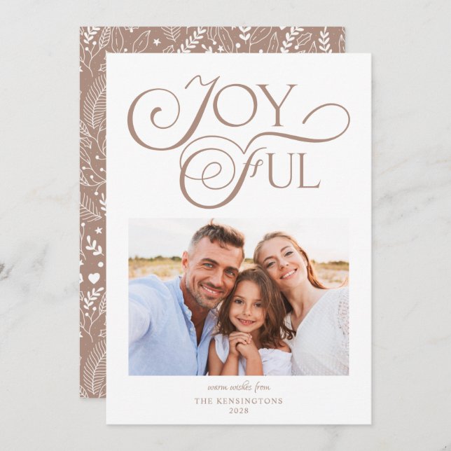 Modern Taupe Clay Pattern Joyful Christmas Photo Holiday Card (Front/Back)