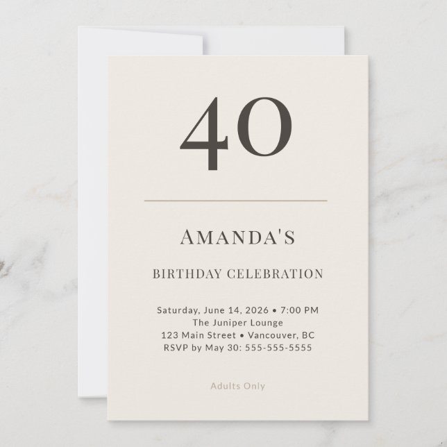 Modern Taupe & Cream 40th Birthday Celebration Invitation (Front)