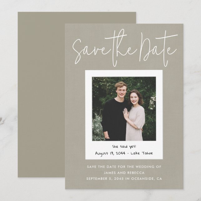Modern Taupe Engagement Photo Save the Date Invitation (Front/Back)