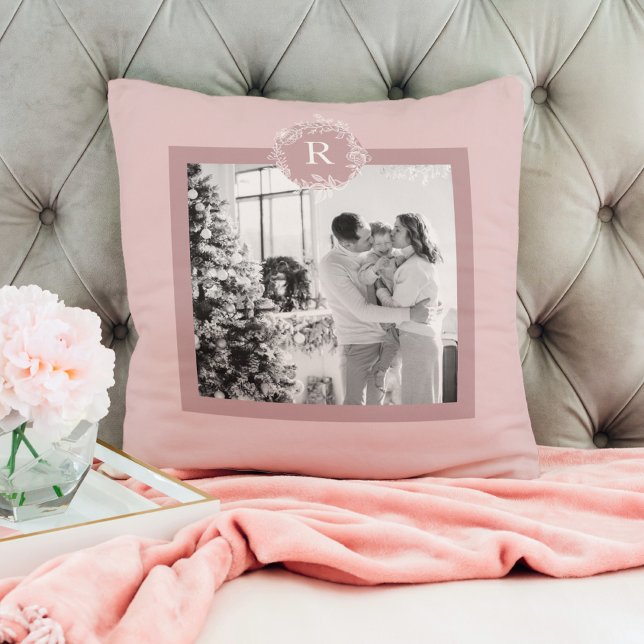 Modern Taupe | Family Photo | Initial  Throw Pillo Throw Pillow (Creator Uploaded)