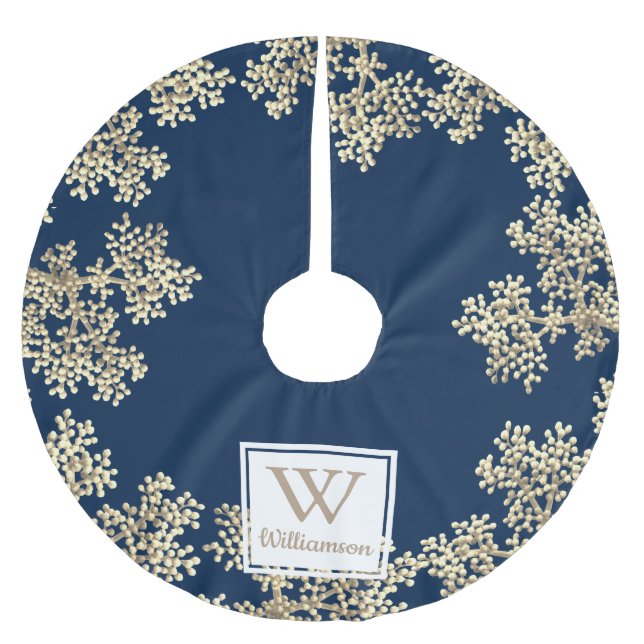 Modern Taupe Flower Buds & Family Name Brushed Polyester Tree Skirt (Front)