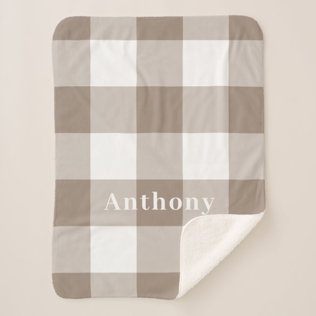 Modern Taupe Gingham Pattern Monogram Name Sherpa Blanket (Front)