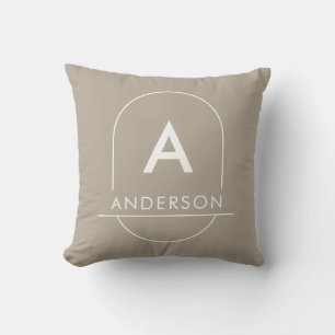 Modern Taupe Minimalist Family Last Name Monogram Throw Pillow