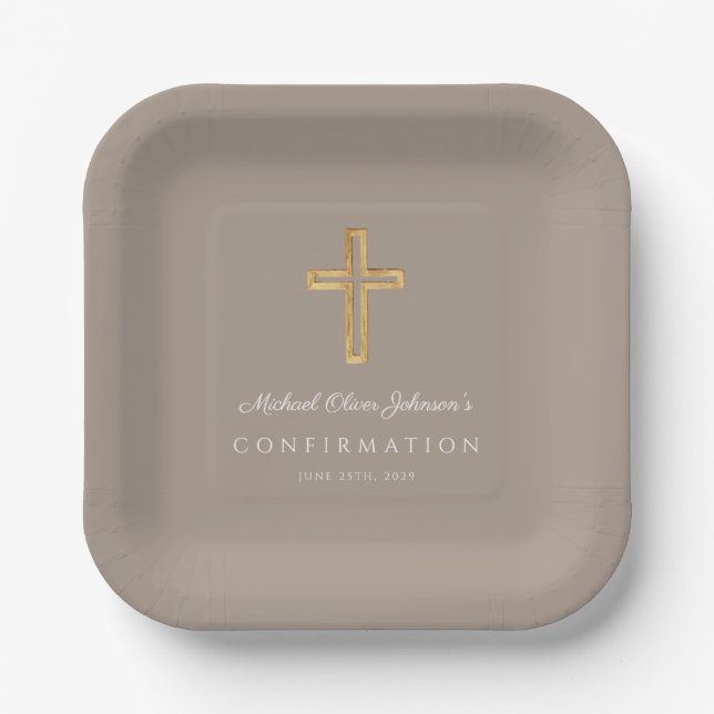 Modern Taupe Religious Cross Boy Confirmation Paper Plate (Front)