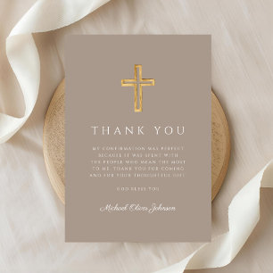 Modern Taupe Religious Cross Boy Confirmation Thank You Card