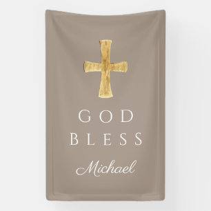 Modern Taupe Religious Cross God Bless Banner