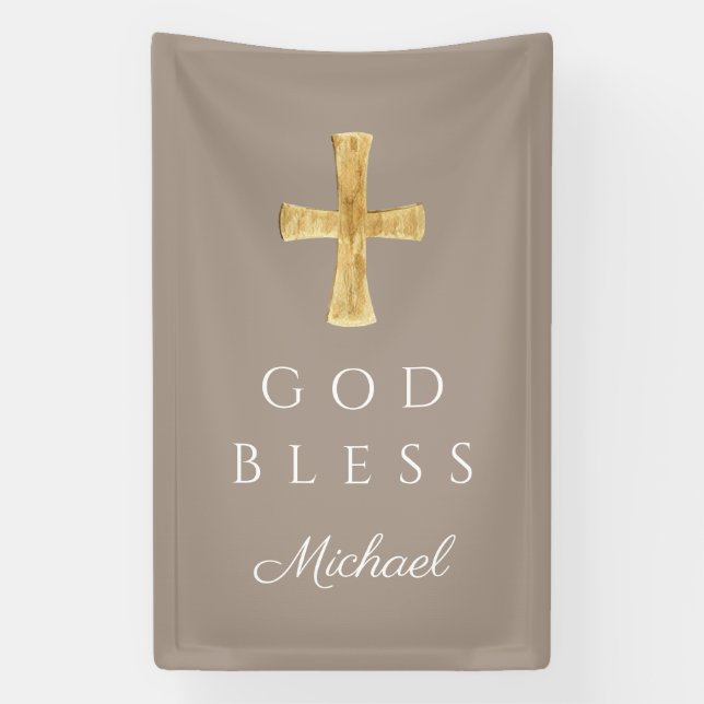Modern Taupe Religious Cross God Bless Banner (Vertical)