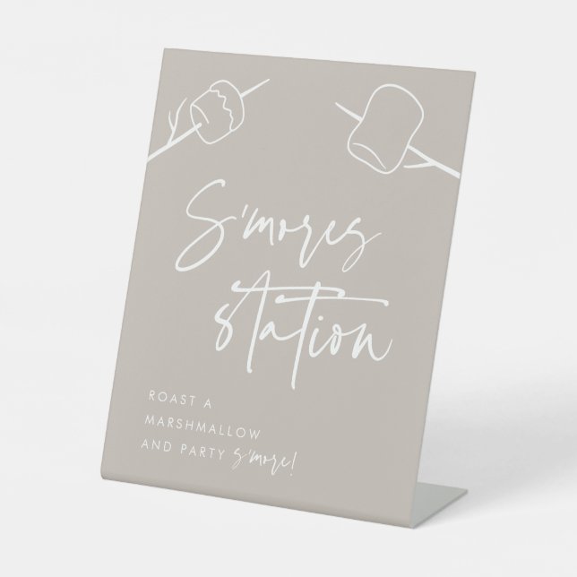 Modern Taupe Script Marshmallow S'mores Station Pedestal Sign (Front)