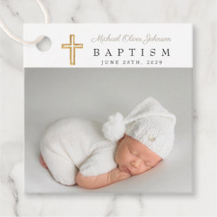 Modern Taupe Script Photo Baptism Thank You Favour Tags
