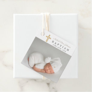 Modern Taupe Script Photo Baptism Thank You Favour Tags