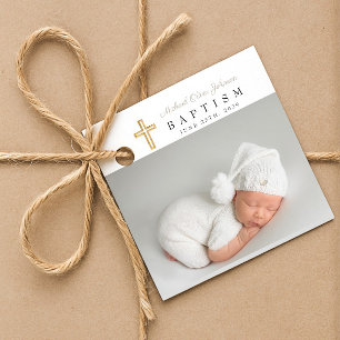 Modern Taupe Script Photo Baptism Thank You Favour Tags