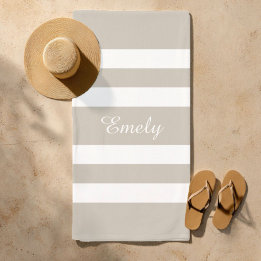 Modern Taupe Striped Name Beach Towel