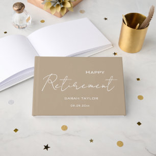 Modern Taupe White Happy Retirement Personalized Guest Book