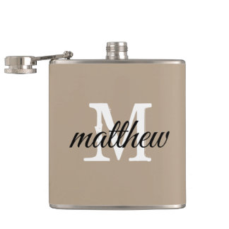 Modern Taupe & White Name Monogram Personalized  Hip Flask