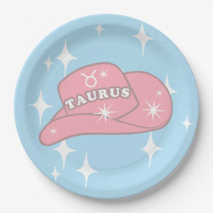 Modern Taurus Zodiac Cowgirl Hat Blue Party   Paper Plate