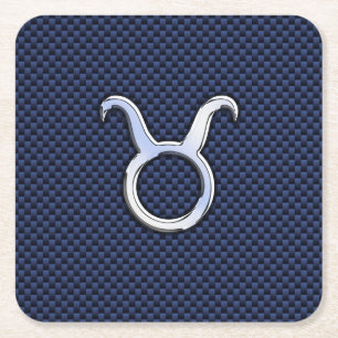 Modern Taurus Zodiac Sign Blue Carbon Fibre Print Square Paper Coaster