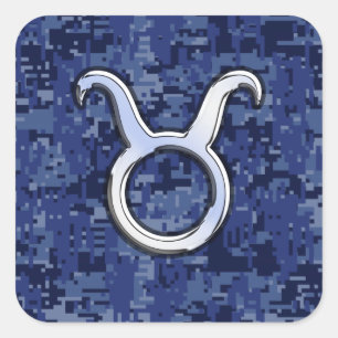 Modern Taurus Zodiac Sign Blue Digital Camouflage Square Sticker