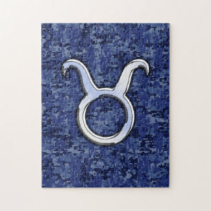 Modern Taurus Zodiac Sign Navy Blue Digital Camo Jigsaw Puzzle