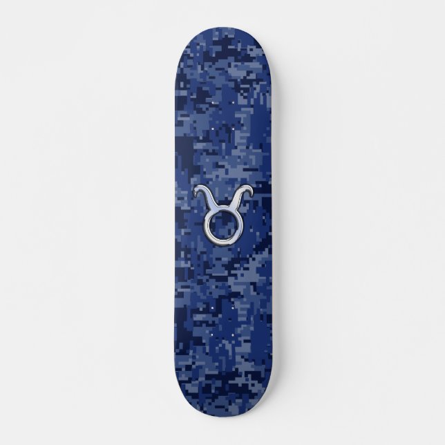 Modern Taurus Zodiac Sign Navy Blue Digital Camo Skateboard (Front)
