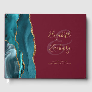 Modern Teal Agate Gold Script Burgundy Guest Book