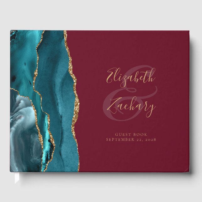 Modern Teal Agate Gold Script Burgundy Guest Book (Front)