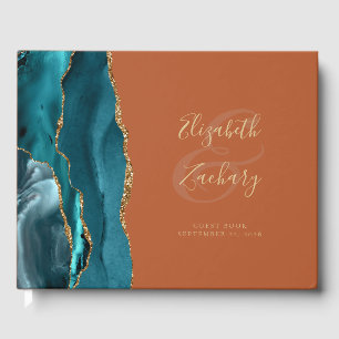 Modern Teal Agate Gold Script Burnt Orange Guest Book