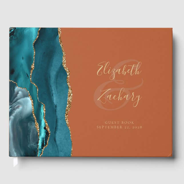 Modern Teal Agate Gold Script Burnt Orange Guest Book (Front)