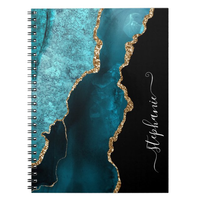 Modern Teal Agate Watercolor Gold Personalized Notebook (Front)