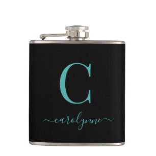 Modern Teal and Black Monogram Script Hip Flask