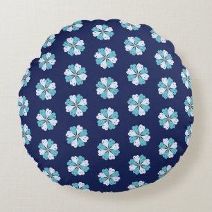 Modern Teal And Blue Floral Motif Round Pillow