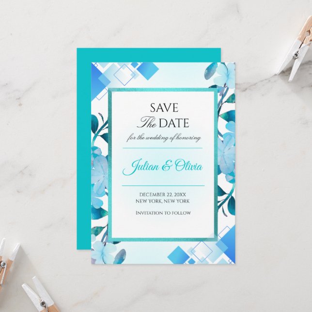 Modern Teal and Blue Geometric Save the Date Card (Front/Back In Situ)