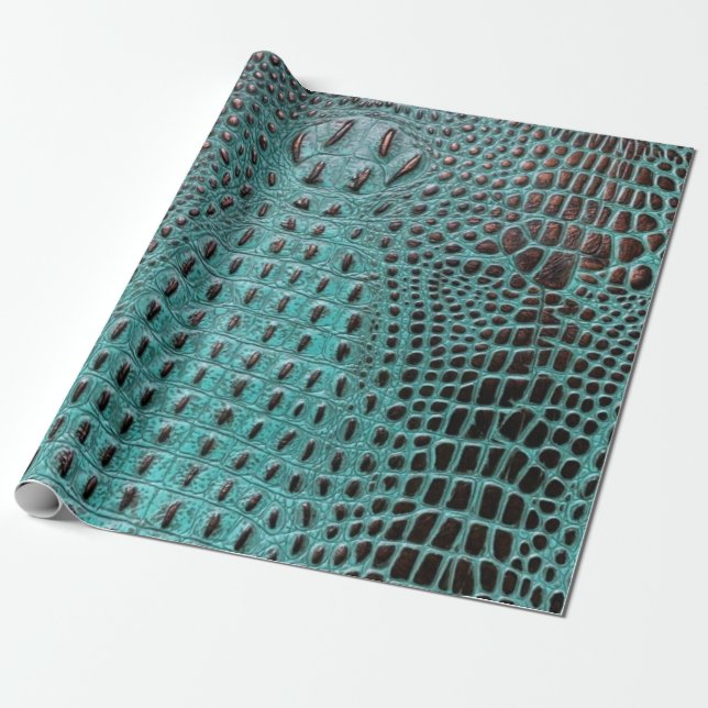 Modern Teal and Brown Alligator Crocodile Hide Wrapping Paper (Unrolled)