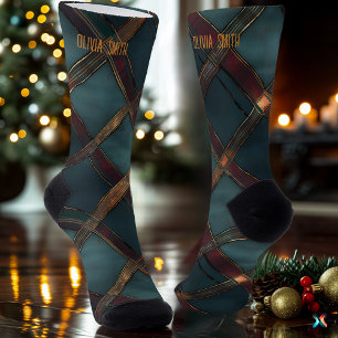 Modern Teal and Burgundy Christmas Plaid Custom Socks