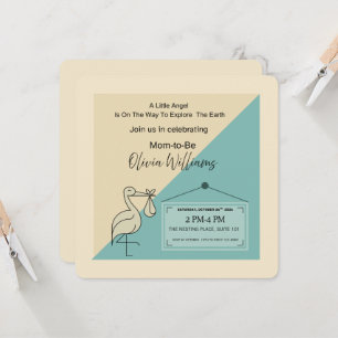 Modern Teal and Cream Stork Baby Shower Invitation