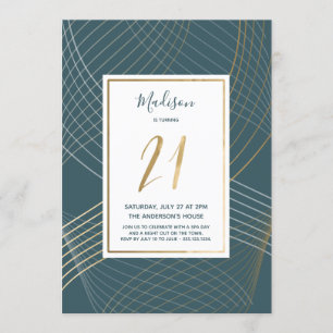 Modern Teal and Gold 21st Birthday Invitation