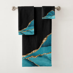 Modern Teal and Gold Agate Stone  Bath Towel Set
