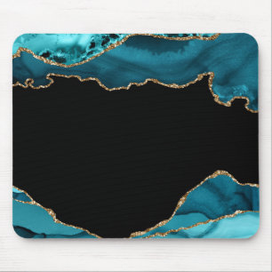 Modern Teal and Gold Agate Stone Mouse Pad
