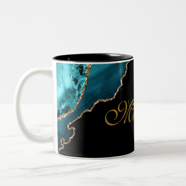 Modern Teal and Gold Agate Stone Personalized  Two-Tone Coffee Mug (Left)