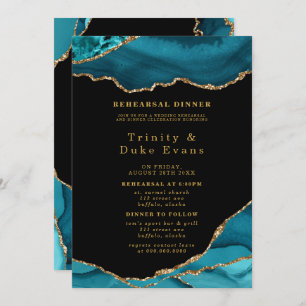 Modern Teal and Gold Agate Stone Rehearsal Dinner Invitation