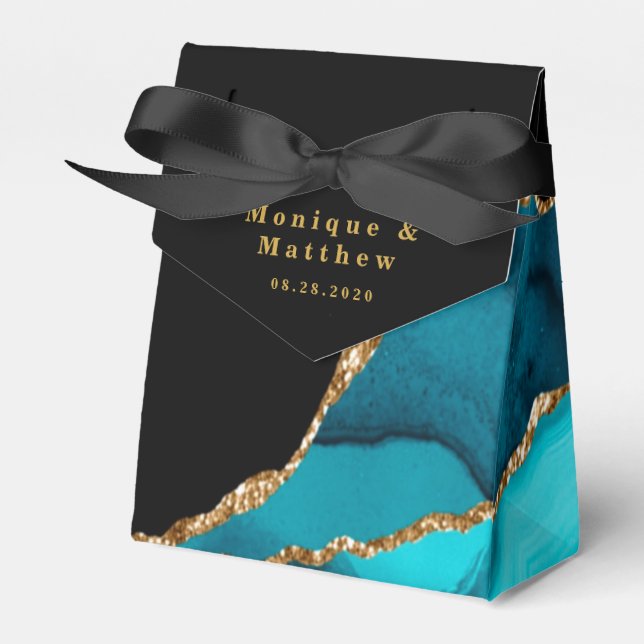 Modern Teal and Gold Agate Stone Wedding Favor Box (Front Side)