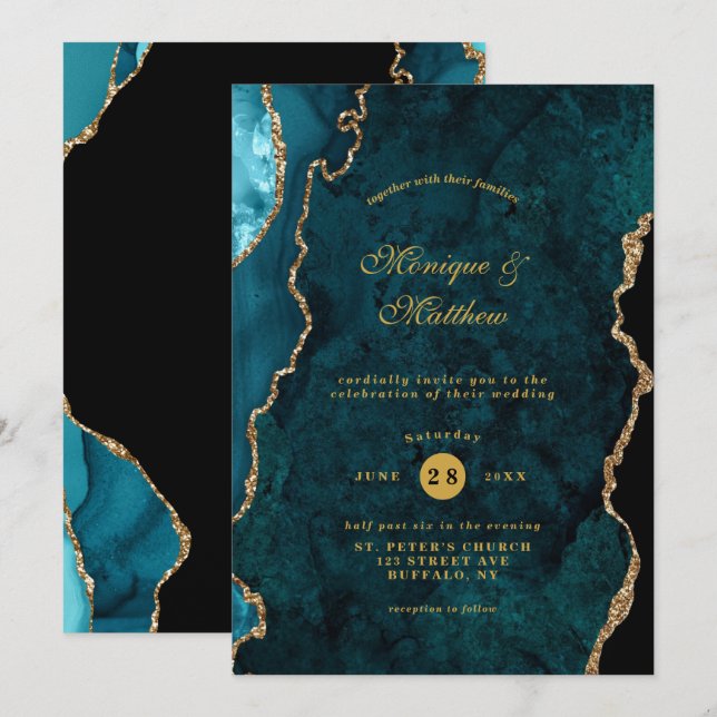 Modern Teal and Gold Agate Stone Wedding  Invitati Invitation (Front/Back)
