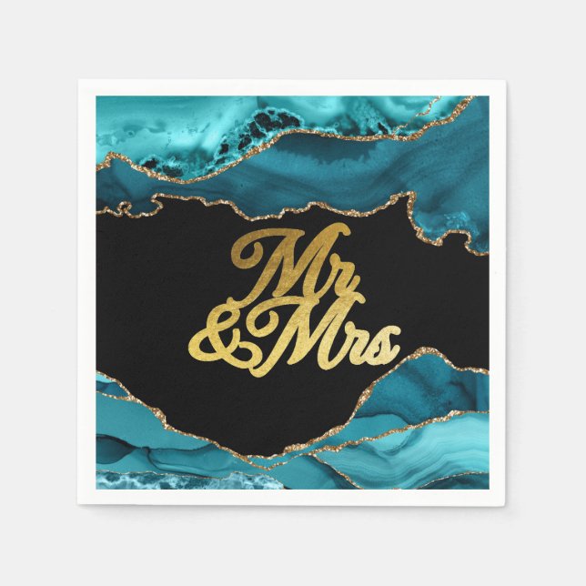Modern Teal and Gold Agate Stone Wedding  Napkin (Front)