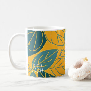 Modern Teal and Gold Botanical Leaf Coffee Mug